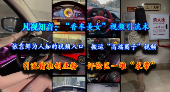 凡视知音：“香车美女”视频引流术，依靠鲜为人知的视频入口，搬运“高端圈子”视频，引流精准创业粉，评论区一堆“求带”
