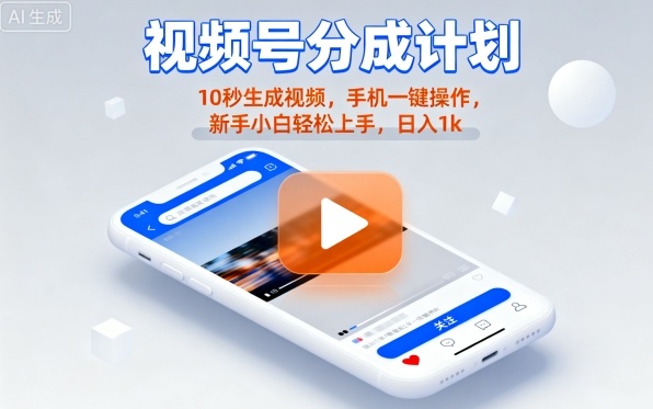 视频号分成计划懒人玩法，10秒生成视频，手机一键操作，新手小白轻松上手，日入1K