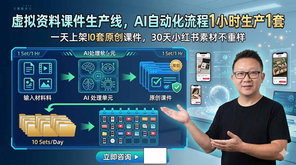 （19091期）虚拟资料课件生产线，AI自动化流程1小时生产1套，一天上架10套原创课件，30天小红书素材不重样