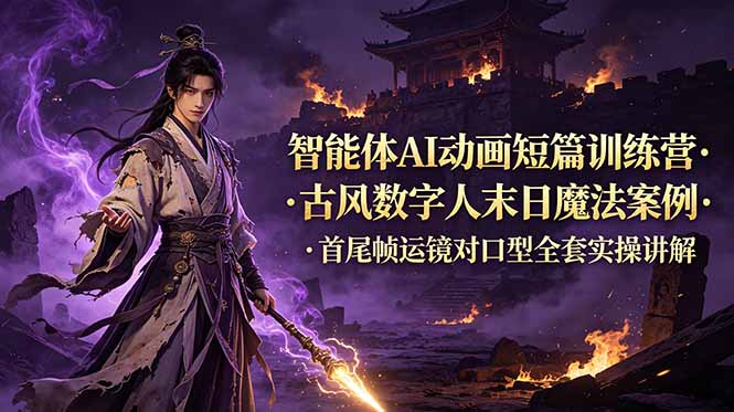 （19114期）智能体AI动画短篇训练营-更新，古风数字人末日魔法案例，首尾帧运镜对口型全套实操讲解