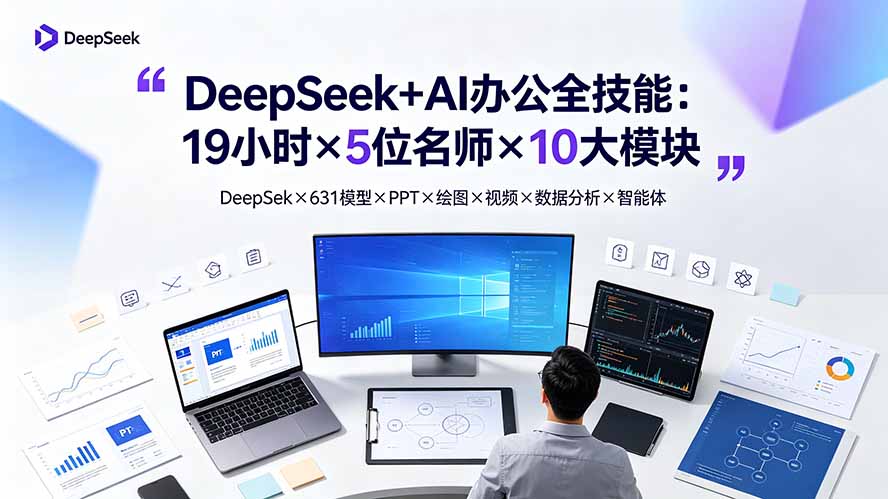 （19411期）DeepSeek+AI办公全技能：19小时×5位名师×10大模块，DeepSeek×631模型×PPT×绘图×视频×数据分析×智能体