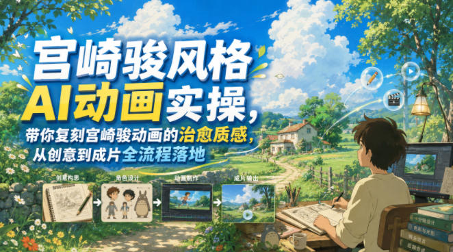宫崎骏风格AI动画实操，带你复刻宫崎骏动画的治愈质感，从创意到成片全流程落地