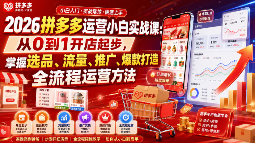 2026拼多多运营小白实战课：从0到1开店起步，掌握选品、流量、推广、爆款打造全流程运营方法