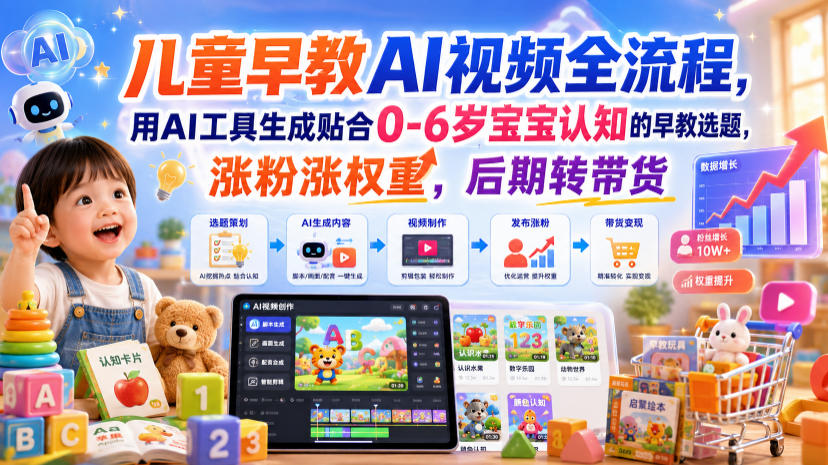 儿童早教AI视频全流程，用AI工具生成贴合0-6岁宝宝认知的早教选题，涨粉涨权重，后期转带货