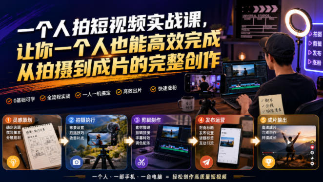 一个人拍短视频实战课，让你一个人也能高效完成从拍摄到成片的完整创作