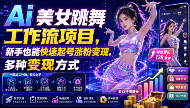 Ai美女跳舞工作流项目，新手也能快速起号涨粉变现，多种变现方式