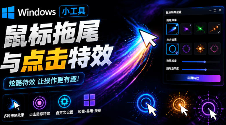 Windows特效小工具！一键给你的鼠标添加拖尾与点击动态特效，吾爱出品，免费使用Mouse Trail