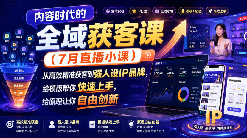 内容时代的全域获客课（7月直播小课），从高效精准获客到强人设IP品牌，给模版帮你快速上手，给原理让你自由创新
