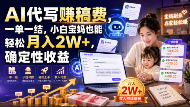 AI代写賺稿费，一单一结，小白宝妈也能轻松月入2W+，确定性收益