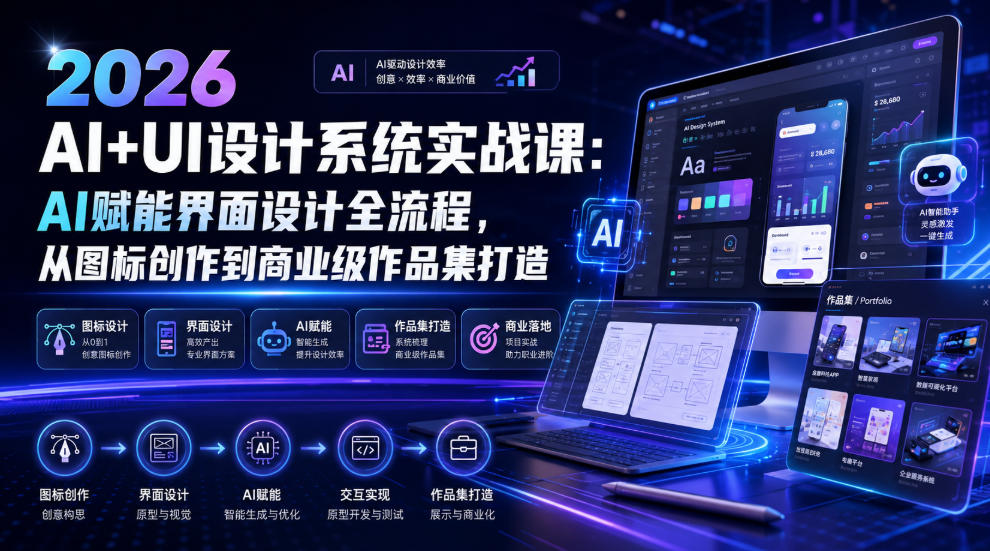 2026 AI+UI设计系统实战课：AI赋能界面设计全流程，从图标创作到商业级作品集打造