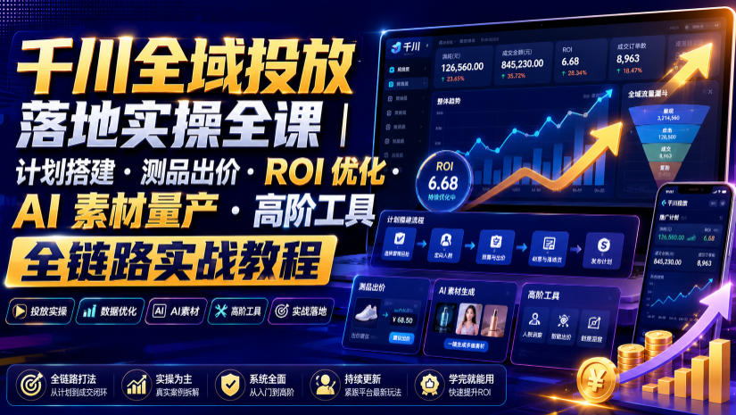 千川全域投放落地实操全课｜计划搭建・测品出价・ROI优化・AI素材量产・高阶工具全链路实战教程