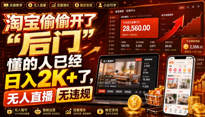 淘宝偷偷开了“后门”，懂的人已经日入2K+了，无人直播无违规，一台电脑=一家24小时营业的线上门店