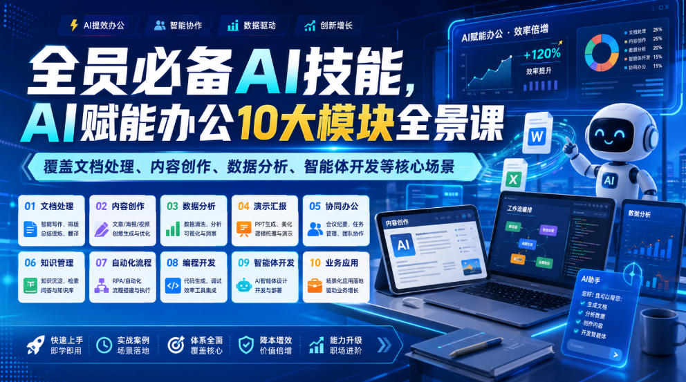 全员必备AI技能，AI赋能办公10大模块全景课，覆盖文档处理、内容创作、数据分析、智能体开发等核心场景