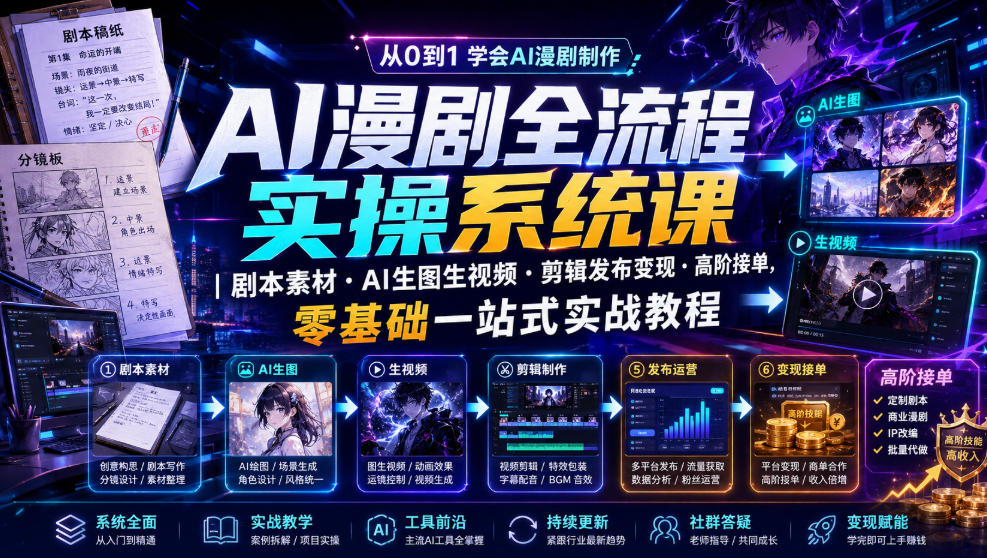 AI漫剧全流程实操系统课｜剧本素材・AI生图生视频・剪辑发布变现・高阶接单，零基础一站式实战教程