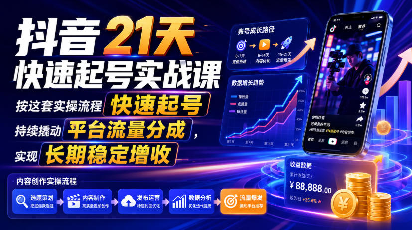 抖音21天快速起号实战课，按这套实操流程快速起号，持续撬动平台流量分成，实现长期稳定增收
