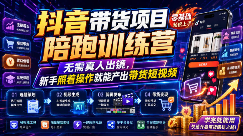抖音带货项目陪跑训练营，无需真人出镜，新手照着操作就能产出带货短视频
