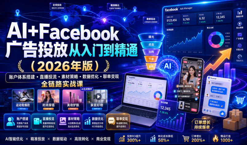 AI+Facebook广告投放从入门到精通（2026年版）｜账户体系搭建・直播投流・素材策略・数据优化・聊单变现全链路实战课