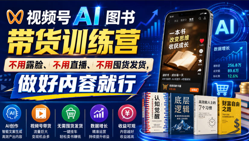 视频号AI图书带货训练营，不用露脸、不用直播、不用囤货发货，做好内容就行，一条爆款视频佣金8942