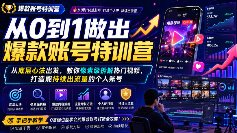 从0到1做出爆款账号特训营，从底层心法出发，教你像素级拆解热门视频，打造能持续出流量的个人账号