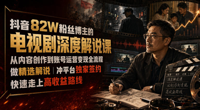 抖音82W粉丝博主的电视剧深度解说课，从内容创作到账号运营变现全流程，做精选解说，冲平台独家签约，快速走上高收益路线