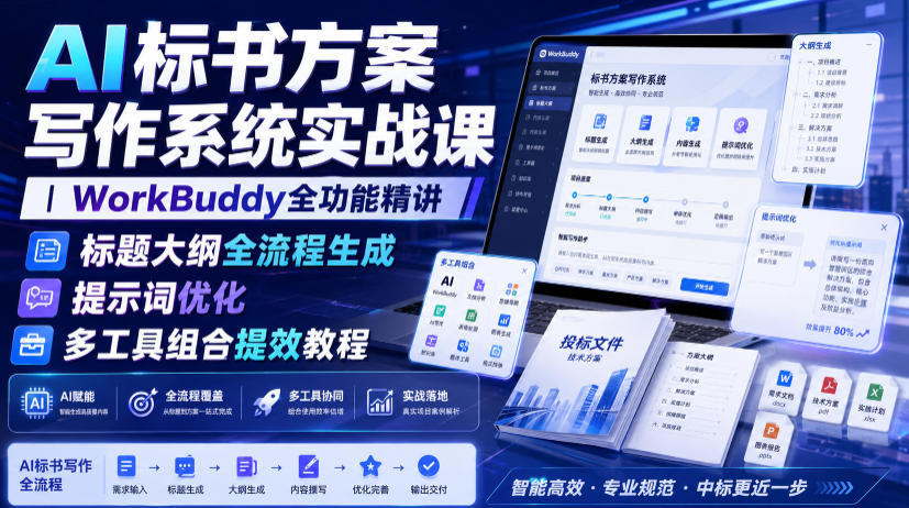 AI标书方案写作系统实战课｜WorkBuddy全功能精讲・标题大纲全流程生成・提示词优化・多工具组合提效教程