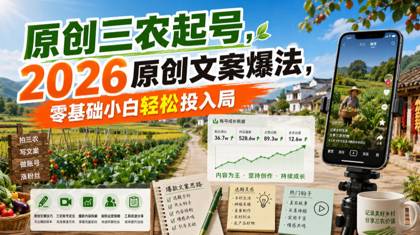 原创三农起号，2026原创文案爆法，零基础小白轻松投入局