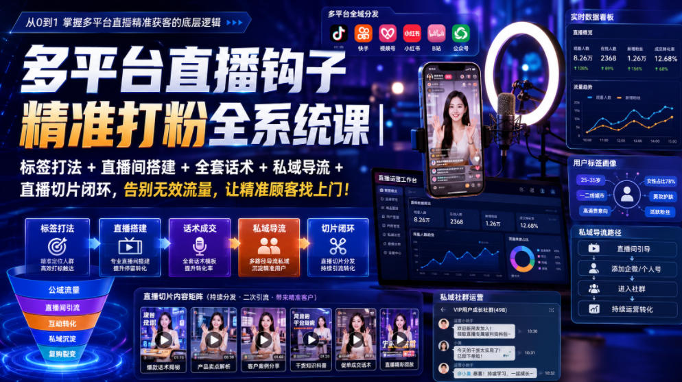 多平台直播钩子精准打粉全系统课｜标签打法+直播间搭建+全套话术+私域导流+直播切片闭环，告别无效流量，让精准顾客找上门！