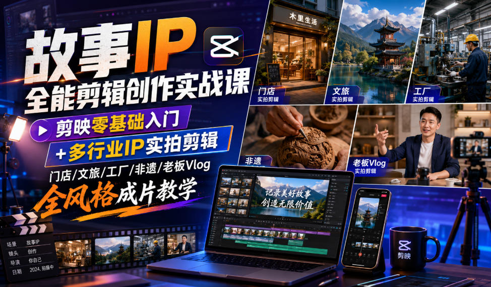 故事IP全能剪辑创作实战课｜剪映零基础入门+多行业IP实拍剪辑，门店/文旅/工厂/非遗/老板Vlog全风格成片教学