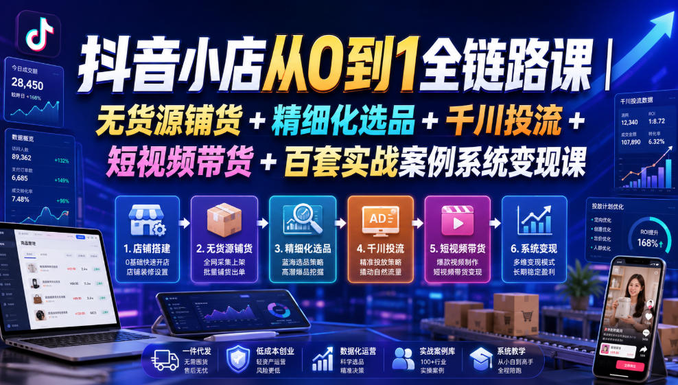 抖音小店从0到1全链路课｜无货源铺货+精细化选品+千川投流+短视频带货+百套实战案例系统变现课（2026年7月更新）