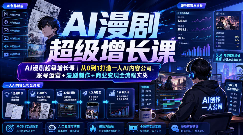 AI漫剧超级增长课｜从0到1打造一人AI内容公司，账号运营+漫剧制作+商业变现全流程实战