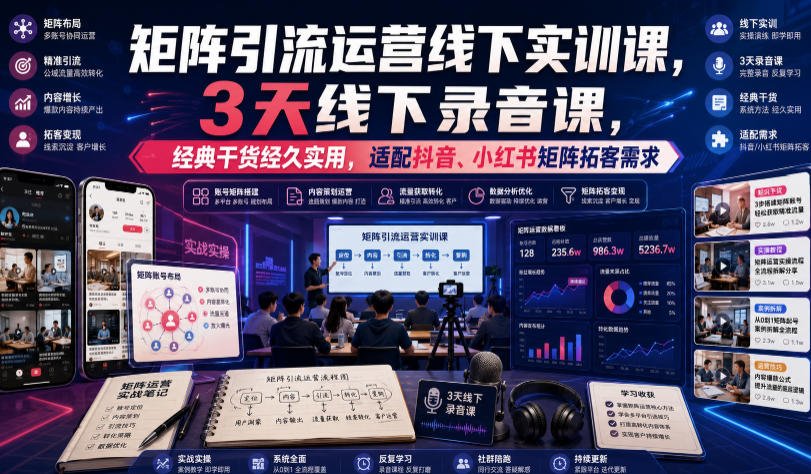 嗨推矩阵引流运营线下实训课，3天线下录音课，经典干货经久实用，适配抖音、小红书矩阵拓客需求