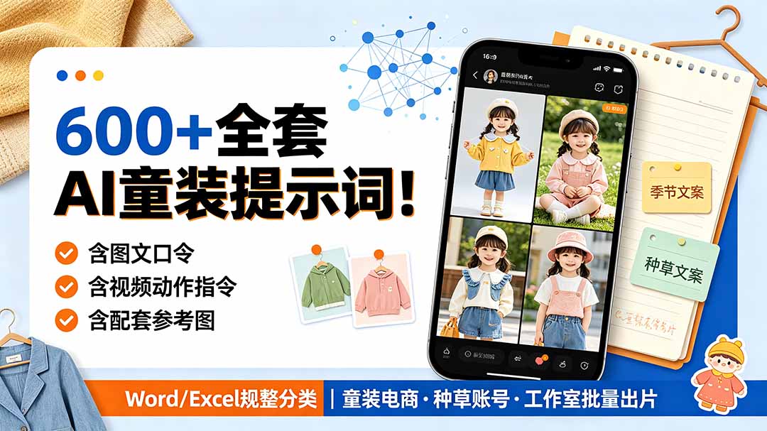 （19302期）600+全套AI童装提示词！含图文口令+视频动作指令+配套参考图，Word/Excel规整分类，童装电商、种草无脑量产内容