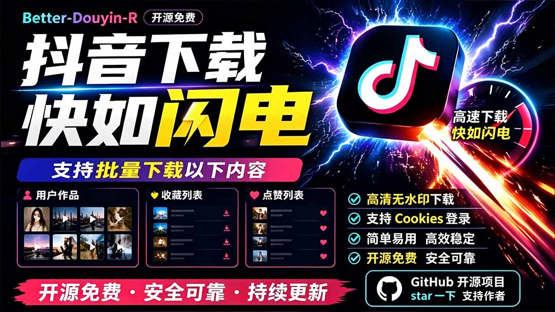 （19445期）别再乱找了！D音下载快如闪电，支持批量下载用户作品收藏列表和点赞列表，开源免费 Better-douyin-R