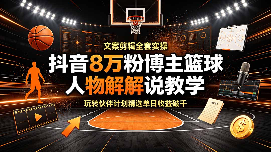 （19135期）抖音8万粉博主篮球人物解说教学，文案剪辑全套实操，玩转伙伴计划精选单日收益破千