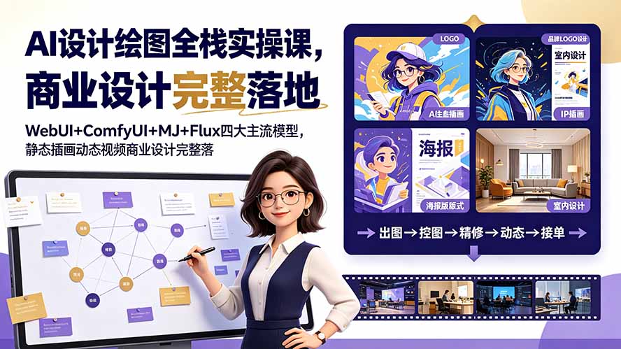 （19244期）AI设计绘图全栈实操课，WebUI+ComfyUI+MJ+Flux四大主流模型，静态插画动态视频商业设计完整落地教程