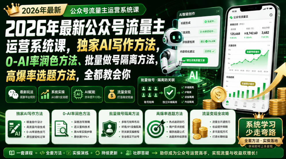 2026年最新公众号流量主运营系统课，独家AI写作方法，0-AI率润色方法、批量做号隔离方法、高爆率选题方法，全都教会你