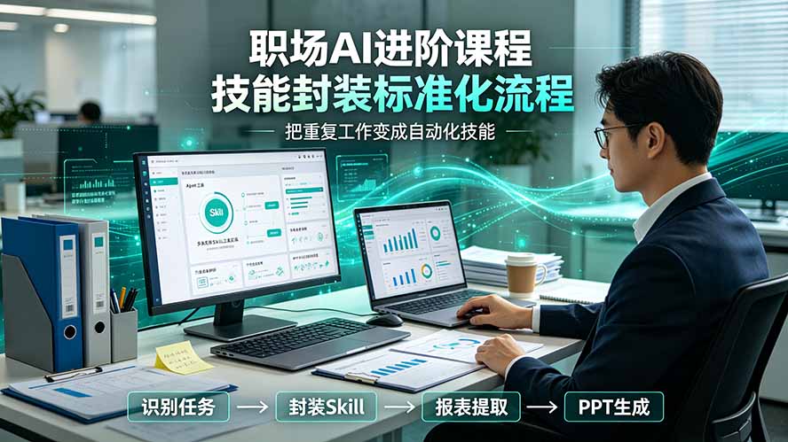 （19369期）职场AI进阶课程；多类实用Skill工具实操，专属技能封装标准化流程，报表行业报告一键提取核心内容