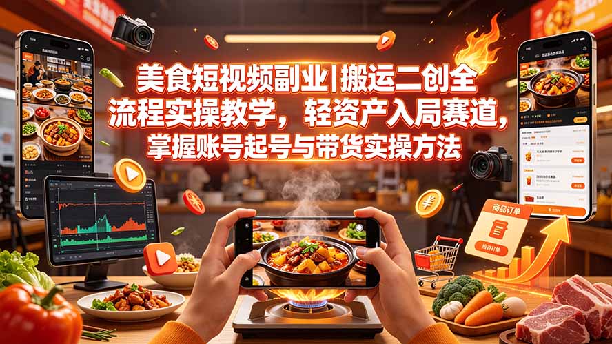 （19535期）美食短视频副业｜搬运二创全流程实操教学，轻资产入局赛道，掌握账号起号与带货实操方法