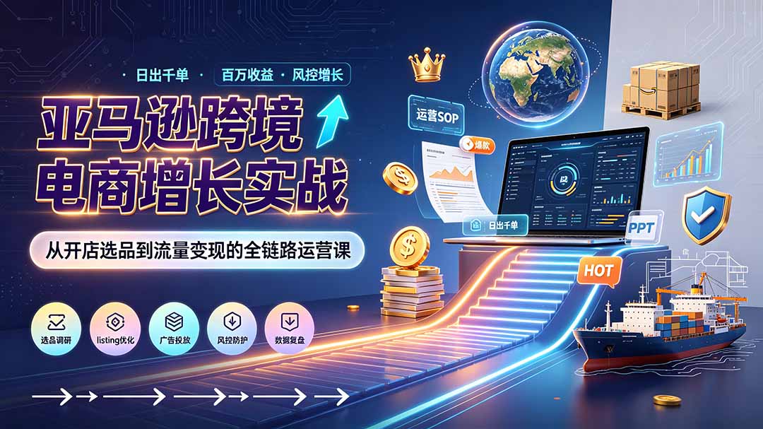 （19308期）亚马逊0-1孵化特训营8期：从注册风控到稳定日出千单实战，规避审核封店风险，标准化执行流程落地