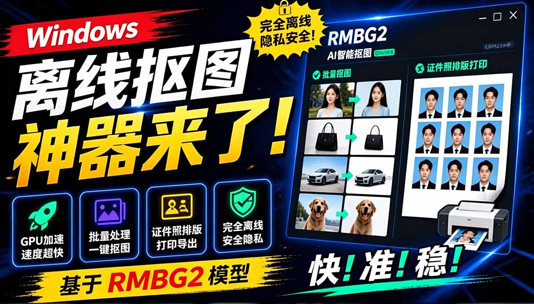（19357期）Windows离线抠图神器来了！支持批量抠图 + 证件照排版打印，基于RMBG2模型，GPU加速 方块AI抠图