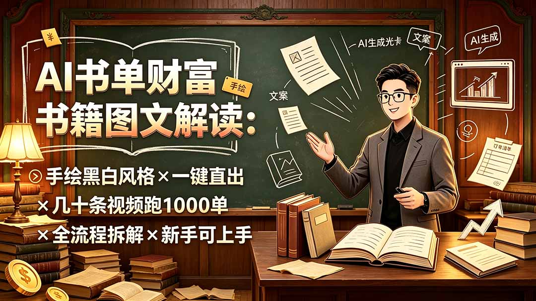 （19515期）AI书单财富书籍图文解读：手绘黑白风格×一键直出×几十条视频跑1000单×全流程拆解×新手可上手