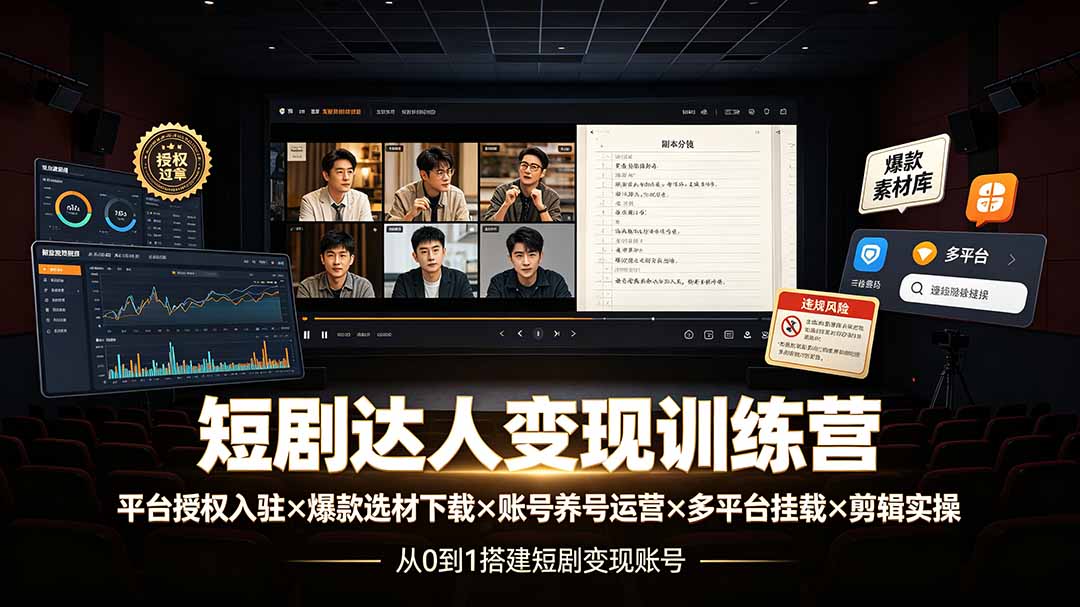 （19551期）短剧达人变现训练营：平台授权入驻×爆款选材下载×账号养号运营×多平台挂载×剪辑实操×违规处理全流程