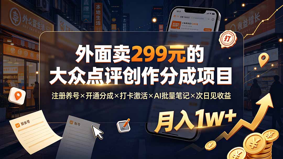 （19488期）外面卖299元的大众点评创作分成项目：注册养号×开通分成×打卡激活×AI批量笔记×次日见收益，月入1w+