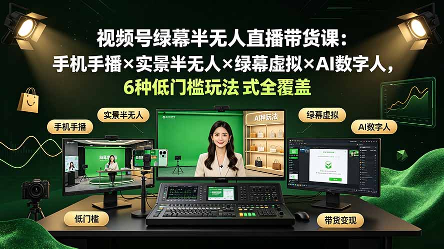 （19271期）视频号绿幕半无人直播带货课：手机手播×实景半无人×绿幕虚拟×AI数字人，6种低门槛玩法全覆盖