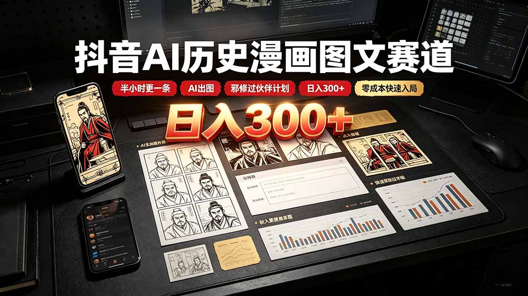 （19498期）抖音AI历史漫画图文赛道：半小时更一条×AI出图×邪修过伙伴计划×日入300+，零成本快速入局