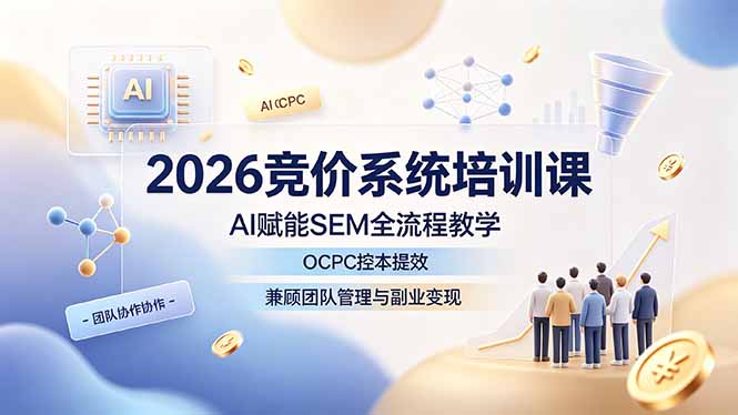 （19185期）2026竞价系统培训课，AI赋能SEM全流程教学，OCPC控本提效，兼顾团队管理与副业变现