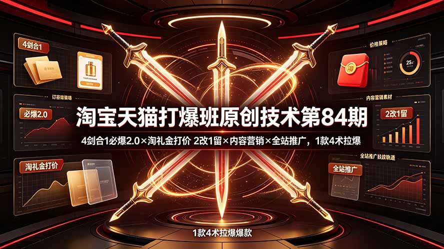 （19428期） 淘宝天猫打爆班原创技术第84期：4剑合1必爆2.0×淘礼金打价×2改1留×内容营销×全站推广，1款4术拉爆
