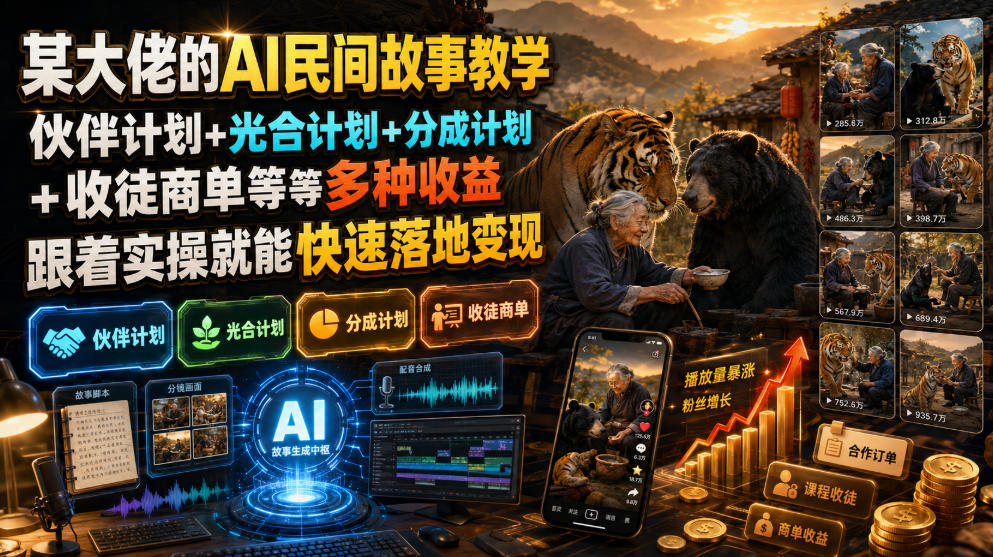 （19360期）某大佬的AI民间故事教学，伙伴计划+光合计划+分成计划+收徒商单等多种收益，跟着实操就能快速落地变现