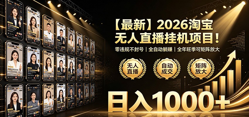 最新2026淘宝无人直播挂机项目！零违规不封号，全自动躺赚，日入1000+