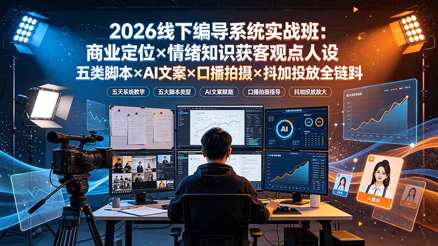 （19501期）2026线下编导系统实战班：商业定位×情绪知识获客观点人设五类脚本×AI文案×口播拍摄×抖加投放全链路